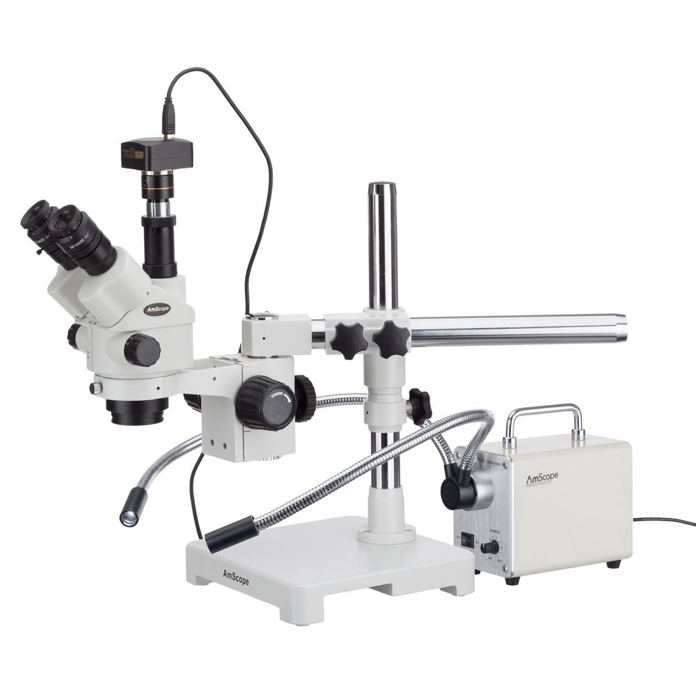 AmScope 3.5X-90X Simul-Focal Stereo Lockable Zoom Microscope with Dual-Arm LED Fiber Optic Light and 10MP Camera