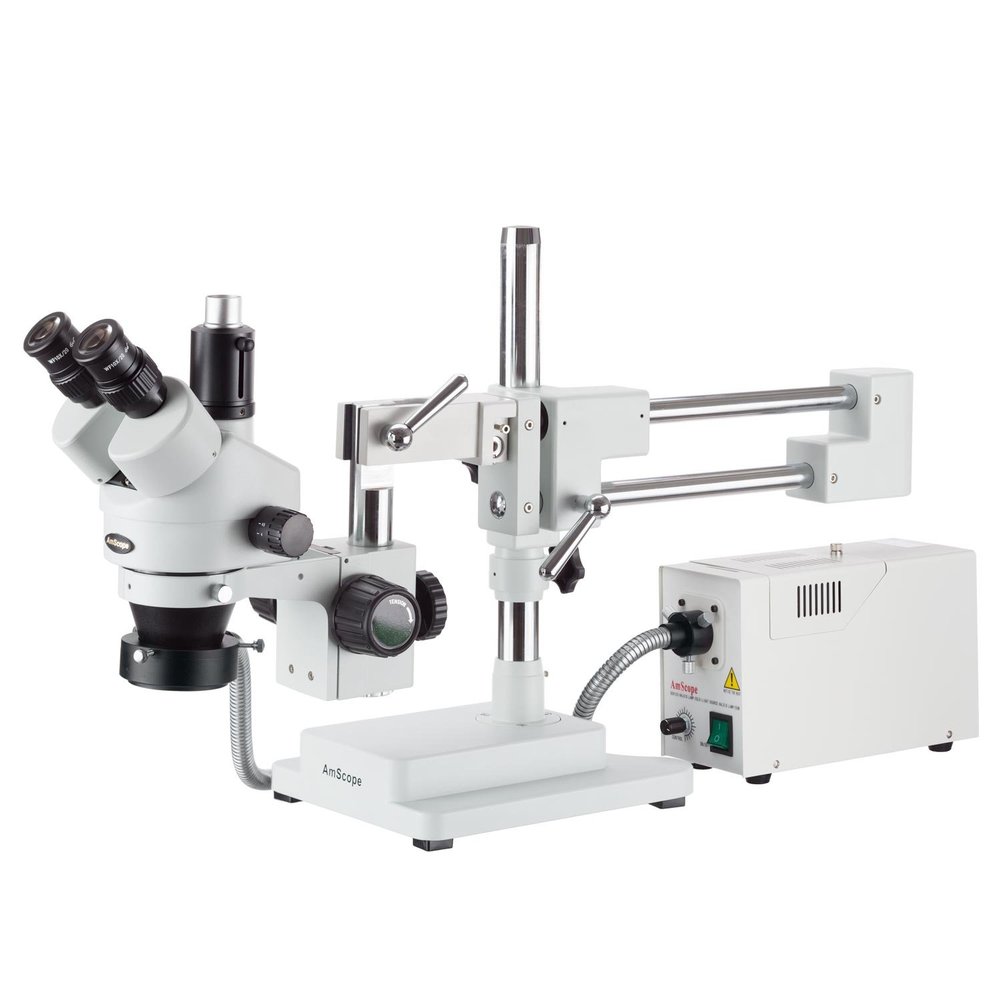 AmScope 7X-45X Simul-Focal Stereo Zoom Microscope on Dual Arm Boom Stand with Fiber Optic Ring Light