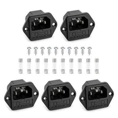 BAOMAIN 5-Pack10A 250V IEC 60320 C14 Power Inlet Socket with Fuse Holder, Panel Mount 3 Pin Male Receptacle with UR TUV CE CCC Certified, Includes 10 Fuses and 10 Screws per Pack
