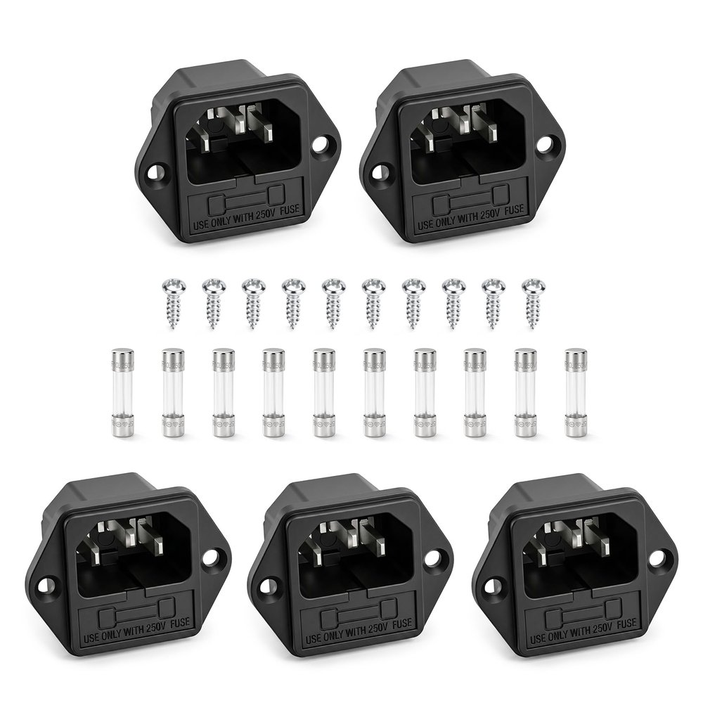 BAOMAIN 5-Pack10A 250V IEC 60320 C14 Power Inlet Socket with Fuse Holder, Panel Mount 3 Pin Male Receptacle with UR TUV CE CCC Certified, Includes 10 Fuses and 10 Screws per Pack