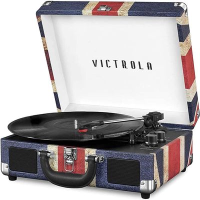 Victrola Journey Bluetooth Portable Suitcase Record Player  with Built-in Speakers, 3 Speed Vinyl Record Player, RCA Out, Headphone Jack (UK Flag)