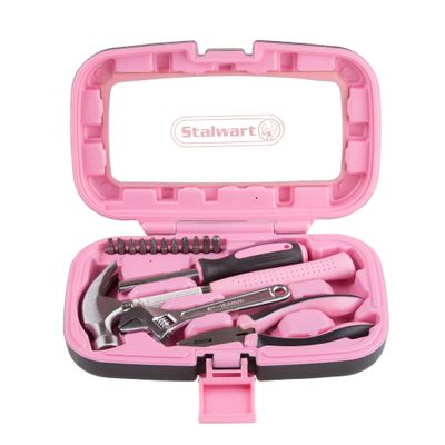 15-Piece Household Hand Tool Set with Carry Case Tool Kit with Screwdrivers, Pliers, and Wrenches Great for Home or Car by Stalwart (Pink)