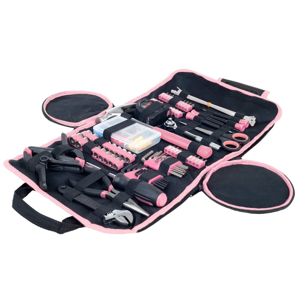 86-Piece Tool Set - Household Tool Kit with Screwdrivers, Pliers, Wrenches, Clamps, and Roll-Up Bag - For the Home, Office, or Car by Stalwart (Pink)