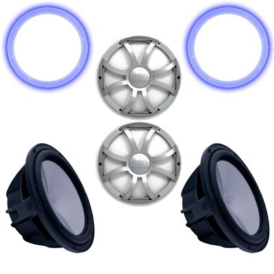 Wet Sounds Two Revo 12" Subwoofers, Grills, & RGB LED Rings - Black Subwoofers & Silver XS Grills - 4 Ohm