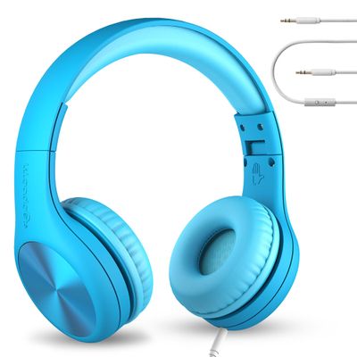 LilGadgets Connect+ Pro Wired Kids Headphones for School with Microphone, Volume Limiting Over-Ear Headset with Cord, SharePort Technology & SoftTouch Padding, Blue