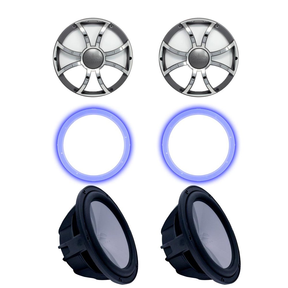 Wet Sounds Two Revo 10" Subwoofers, Grills, & RGB LED Rings - Black Subwoofers & Gunmetal Steel Grills - 4 Ohm