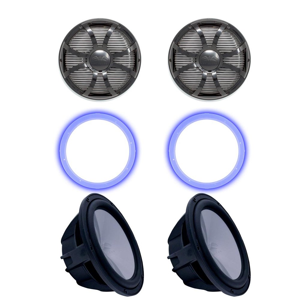 Wet Sounds Two Revo 10" Subwoofers, Grills, & RGB LED Rings - Black Subwoofers & Black Closed Face SW Grills - 4 Ohm