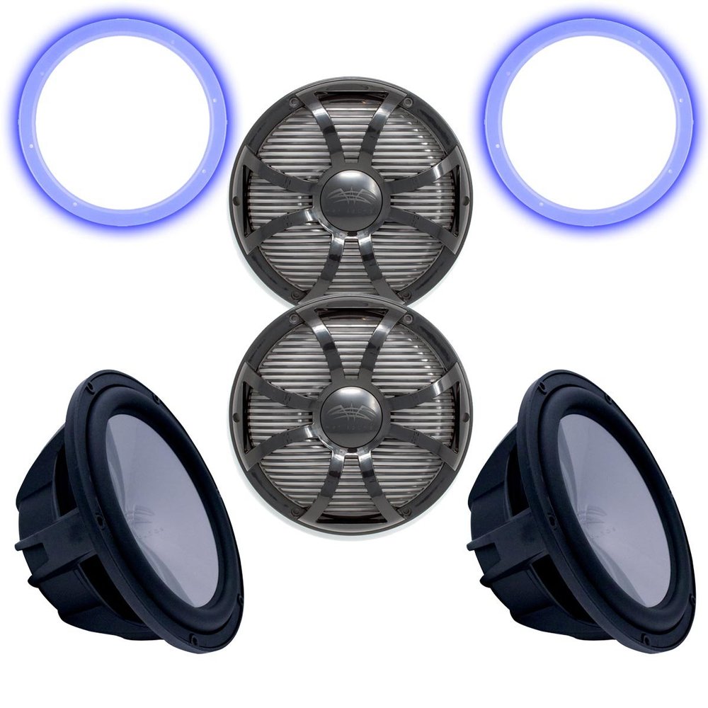 Wet Sounds Two Revo 12" Subwoofers, Grills, & RGB LED Rings - Black Subwoofers & Black Closed Face SW Grills - 2 Ohm