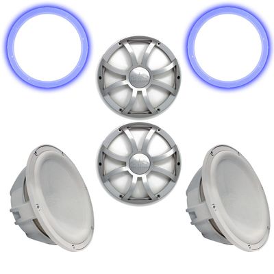 Wet Sounds Two Revo 12" Subwoofers, Grills, & RGB LED Rings - White Subwoofers & Silver XS Grills - 4 Ohm