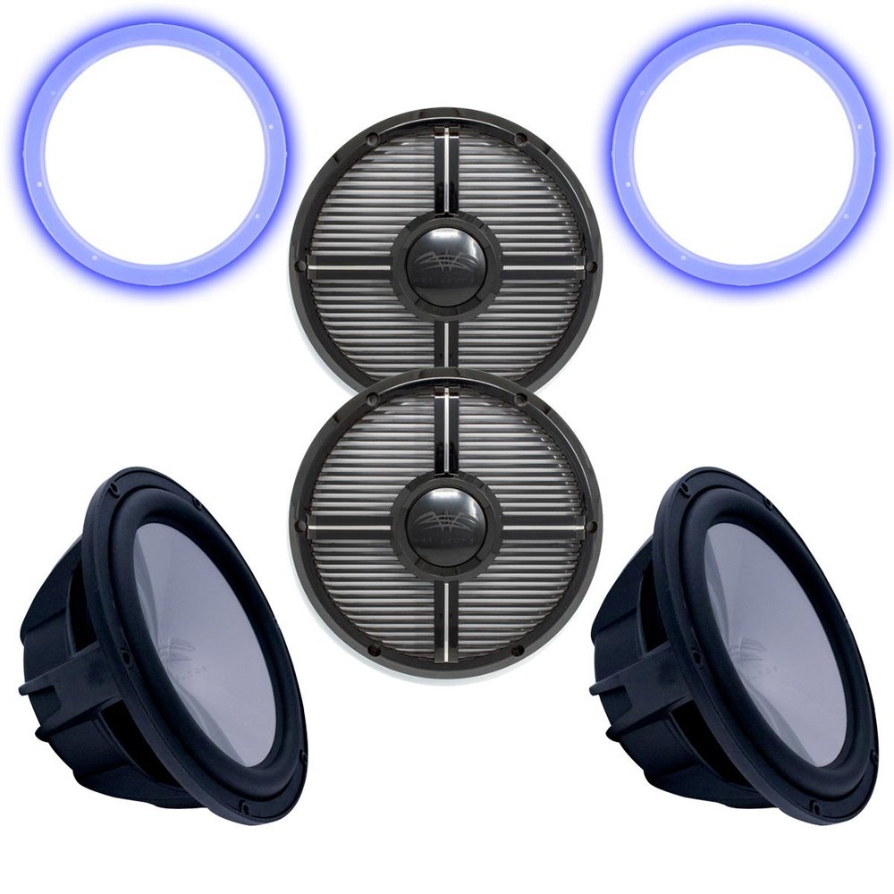 Wet Sounds Two Revo 12" Subwoofers, Grills, & RGB LED Rings - Black Subwoofers & Black Closed Face XW Grills - 4 Ohm