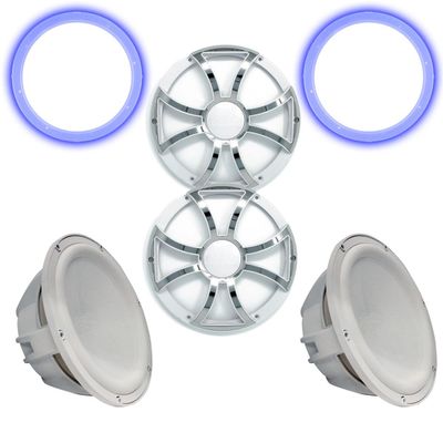Wet Sounds Two Revo 12" Subwoofers, Grills, & RGB LED Rings - White Subwoofers & White Grills with Steel Inserts - 4 Ohm