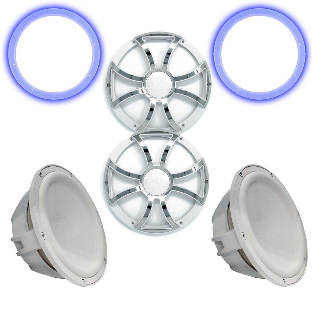 Wet Sounds Two Revo 12" Subwoofers, Grills, & RGB LED Rings - White Subwoofers & White Grills with Steel Inserts - 4 Ohm
