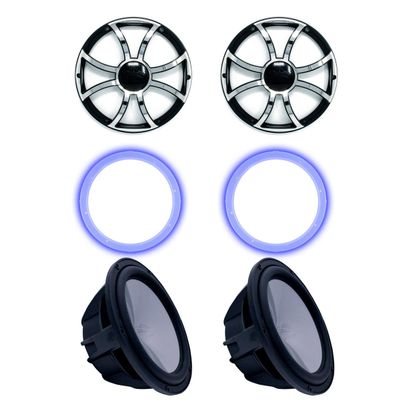 Wet Sounds Two Revo 10" Subwoofers, Grills, & RGB LED Rings - Black Subwoofers & Black Grills with Steel Inserts - 2 Ohm