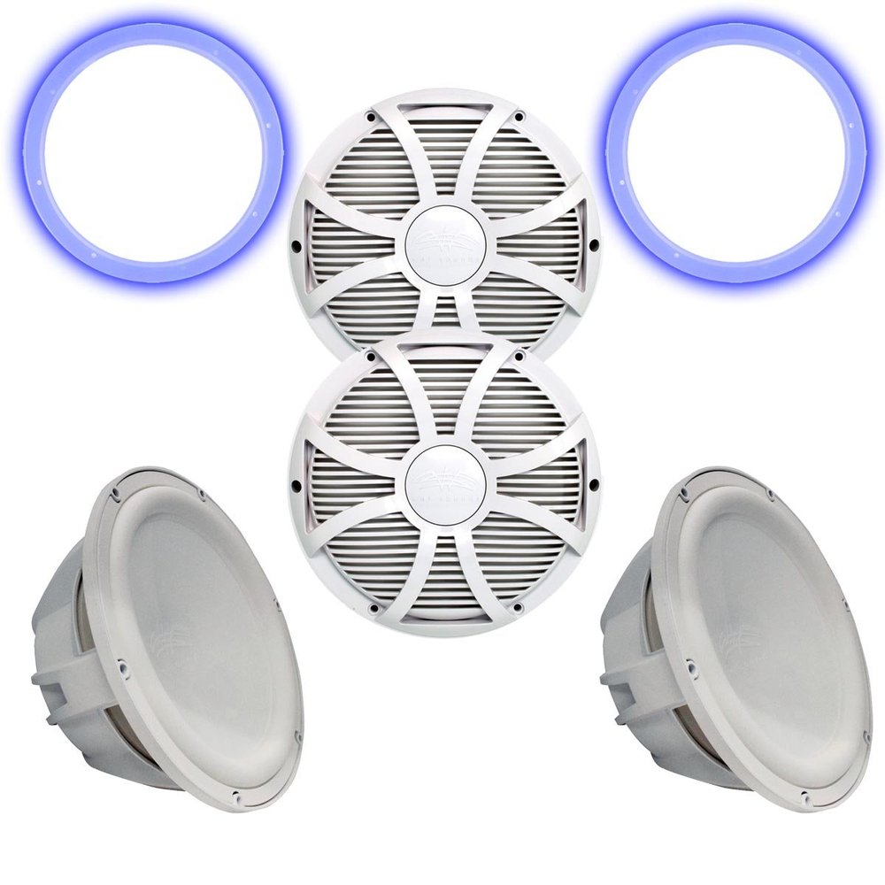 Wet Sounds Two Revo 12" Subwoofers, Grills, & RGB LED Rings - White Subwoofers & White Closed Face SW Grills - 4 Ohm