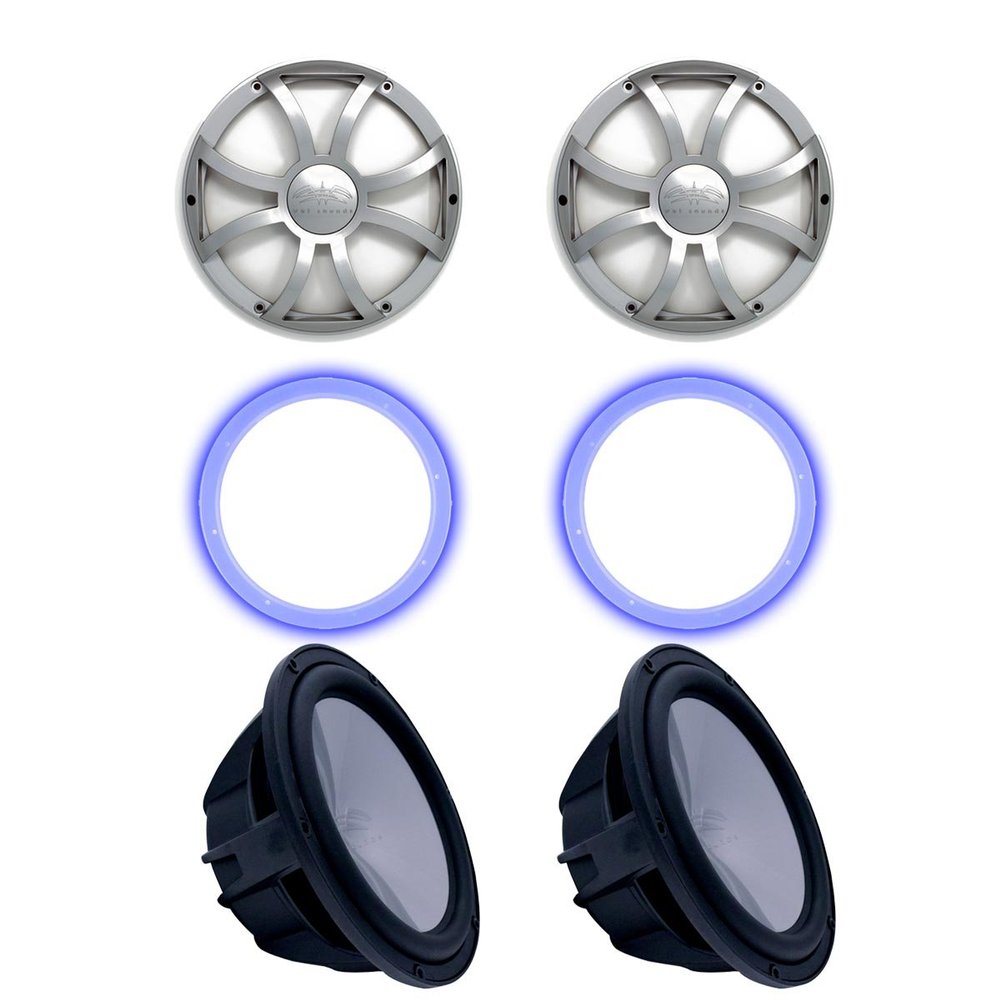 Wet Sounds Two Revo 10" Subwoofers, Grills, & RGB LED Rings - Black Subwoofers & Silver XS Grills - 4 Ohm