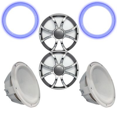 Wet Sounds Two Revo 12" Subwoofers, Grills, & RGB LED Rings - White Subwoofers & Gunmetal Steel Grills - 4 Ohm