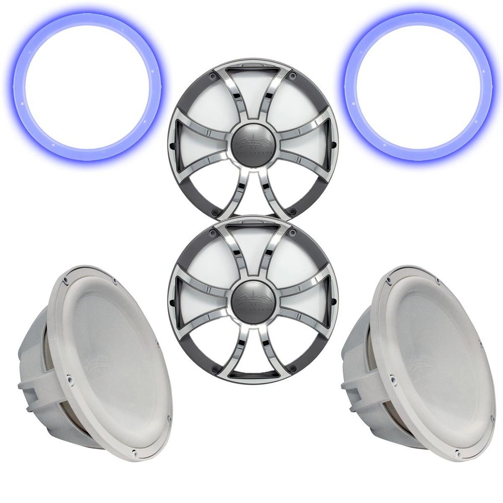 Wet Sounds Two Revo 12" Subwoofers, Grills, & RGB LED Rings - White Subwoofers & Gunmetal Steel Grills - 4 Ohm