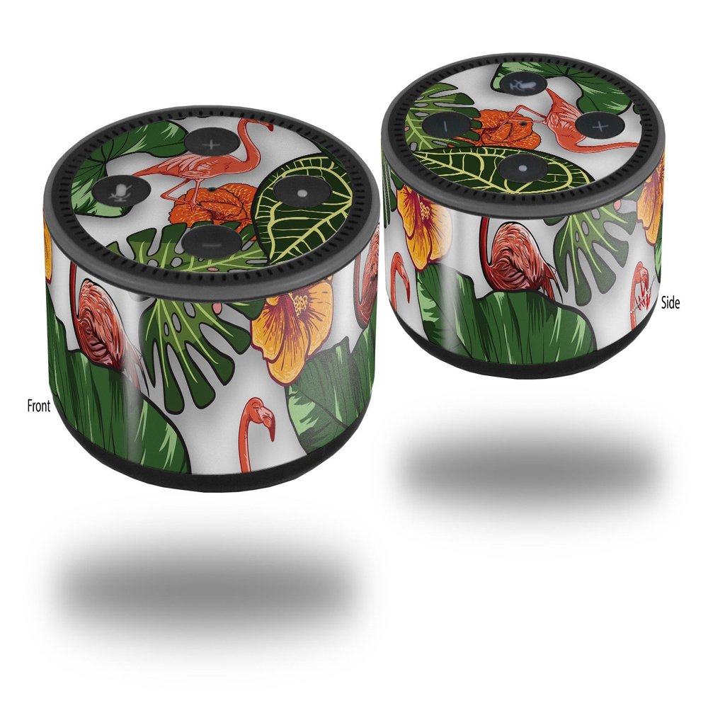 Skin Wrap Decal Set 2 Pack for Amazon Echo Dot 2 - Famingos and Flowers White (2nd Generation ONLY - Echo NOT Included)