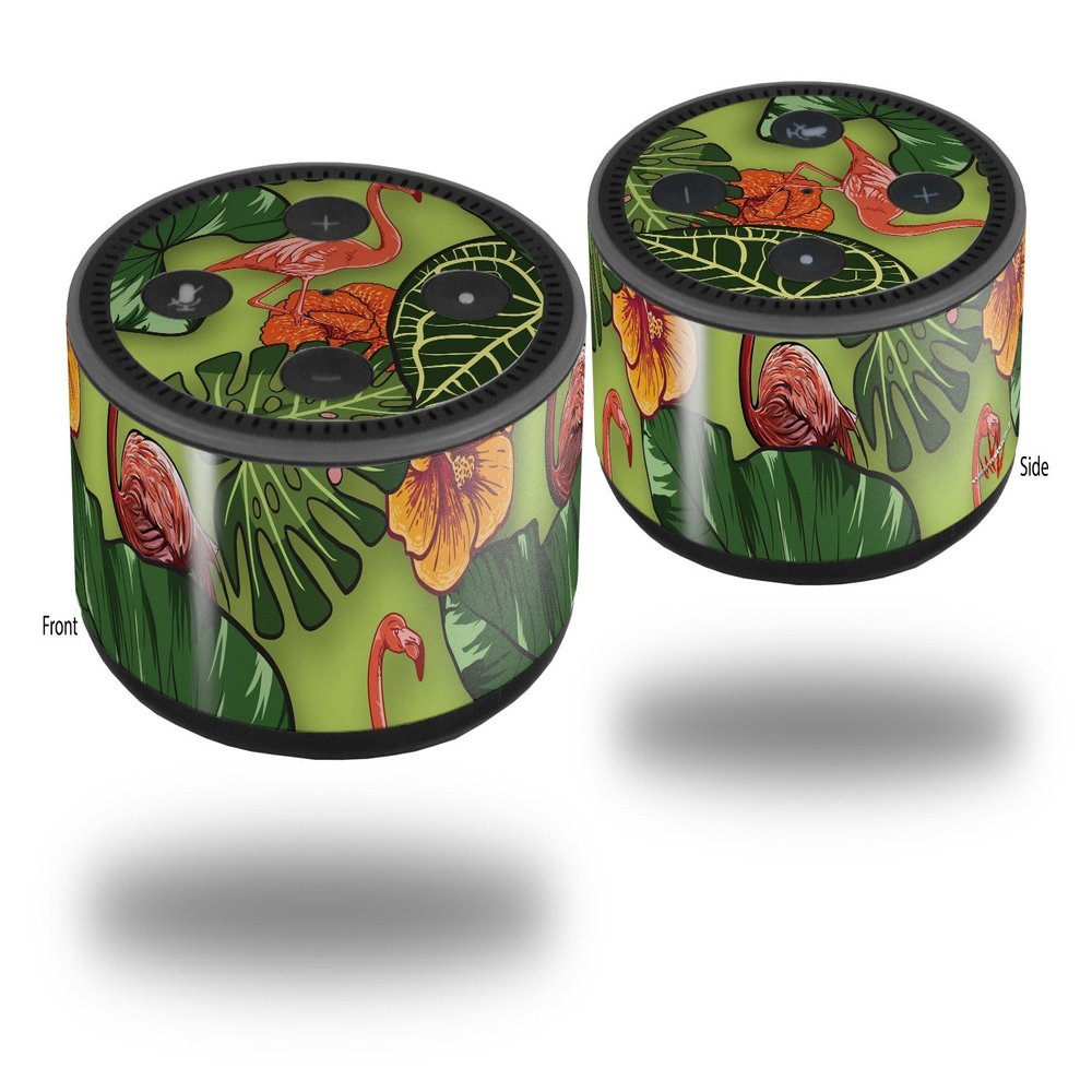 Skin Wrap Decal Set 2 Pack for Amazon Echo Dot 2 - Famingos and Flowers Sage Green (2nd Generation ONLY - Echo NOT Included)