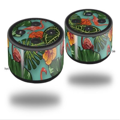 Skin Wrap Decal Set 2 Pack for Amazon Echo Dot 2 - Famingos and Flowers Seafoam Green (2nd Generation ONLY - Echo NOT Included)