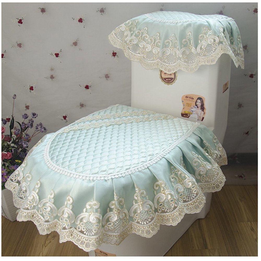 WSHINE Satin Lace Toilet Accessories Tank Cover + Lid Cover + Toilet Seat Cover with Zipper Design (green)