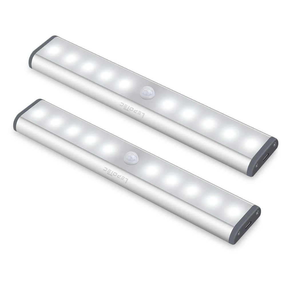 Wireless Motion Sensor Cabinet Lights 10-LED USB Rechargeable Closet Lights LED Under Cabinet Lighting for Wardrobe/Drawer/Stairs/Cupboard/Counter/Pantry/Stairs,Stick On Anywhere,2 Pack,White Light