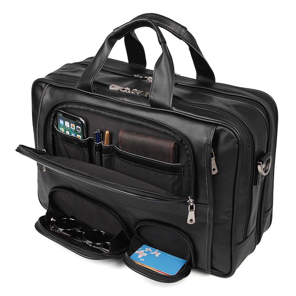 Nappa Leather Briefcase for Men Large Business Travel Messenger Tote Bag 17'' Laptop Bag with YKK Zippers (Black)