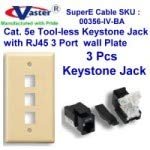 SuperEcable - 00356-3 Pcs Cat5e RJ45 Tooless Keystone Jack Black Color with 3 Hole Wall Plate Ivory
