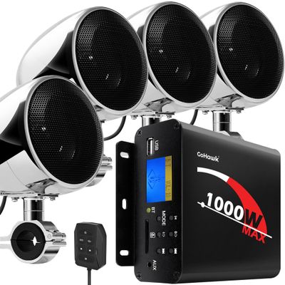 GoHawk Motorcycle Speakers and Amplifier Audio Sound System, 1000W Bluetooth Weatherproof 4 Inch Radio Audio System AUX USB SD FM Radio, Volume Control, ATV UTV Compatible
