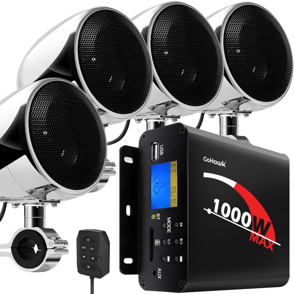 GoHawk Motorcycle Speakers and Amplifier Audio Sound System, 1000W Bluetooth Weatherproof 4 Inch Radio Audio System AUX USB SD FM Radio, Volume Control, ATV UTV Compatible