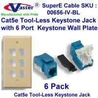SuperEcable - 00656-6 Pcs Cat5e RJ45 Tooless Keystone Jack Blue Color with 6 Hole Wall Plate Ivory