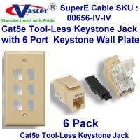 SuperEcable - 00656-6 Pcs Cat5e RJ45 Tooless Keystone Jack Ivory Color with 6 Hole Wall Plate Ivory