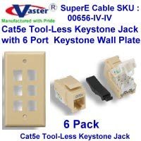 SuperEcable - 00656-6 Pcs Cat5e RJ45 Tooless Keystone Jack Ivory Color with 6 Hole Wall Plate Ivory