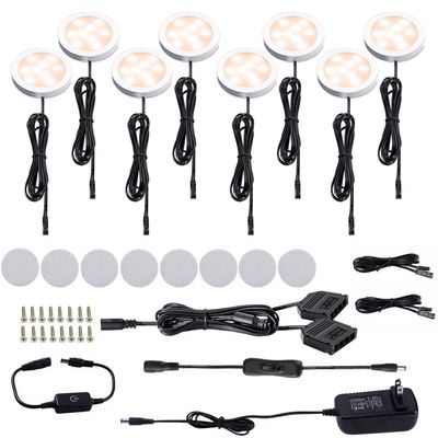 AIBOO LED Under Cabinet Puck Lights Kit with Touch Dimming Switch for Accent Display in Cabinet Lighting (8 Lights,Warm White)