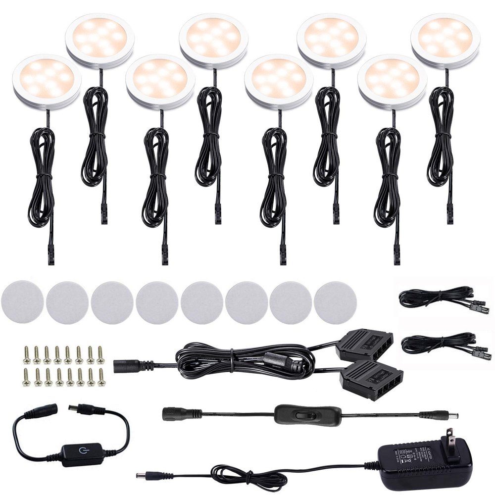 AIBOO LED Under Cabinet Puck Lights Kit with Touch Dimming Switch for Accent Display in Cabinet Lighting (8 Lights,Warm White)