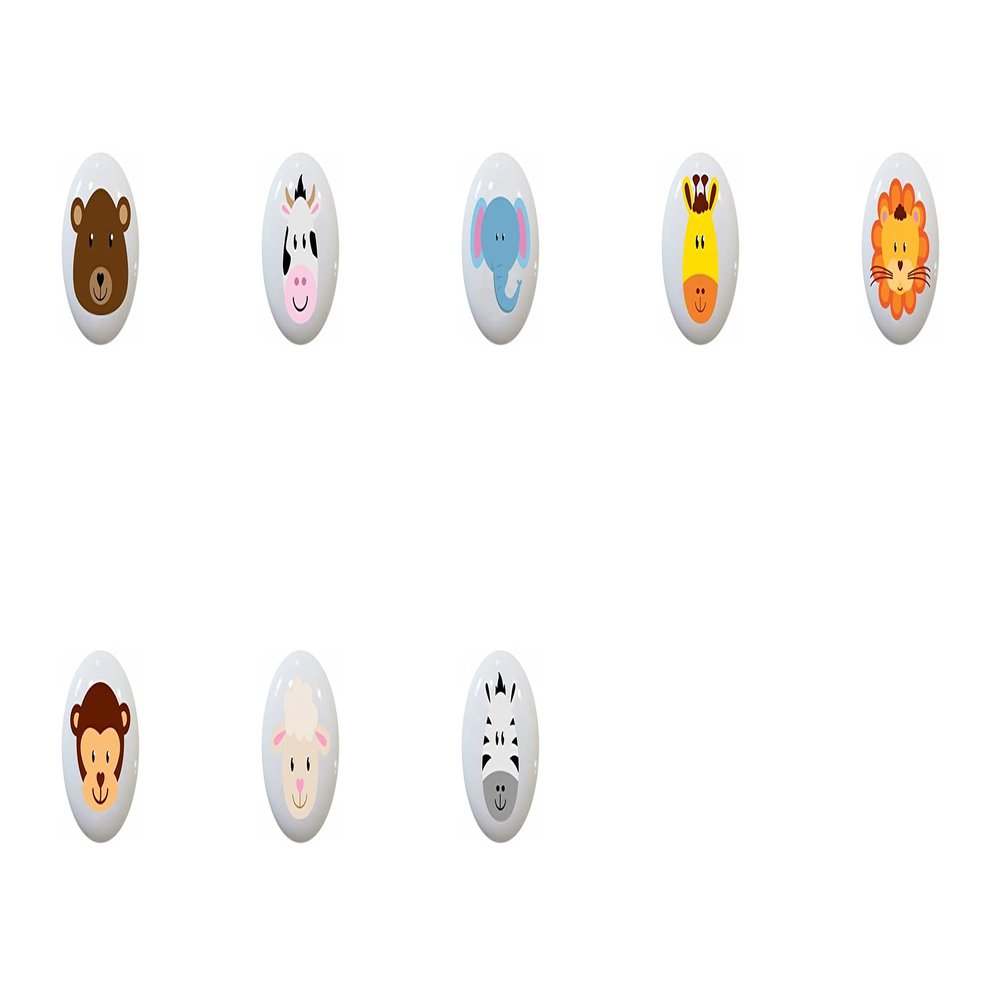 SET OF 8 KNOBS - Zoo Animal Faces by PP - DECORATIVE Glossy CERAMIC Cupboard Cabinet PULLS Dresser Drawer KNOBS