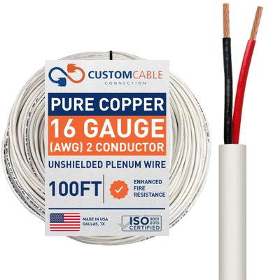 16 Gauge Wire (16 AWG) - 2 Conductor Stranded Copper Unshielded Cable - UL Listed 16/2 Home Electrical Wire - Low Voltage Up to 300V - CMP/CL3P Low Smoke Plenum Jacket - USA Made (100ft)