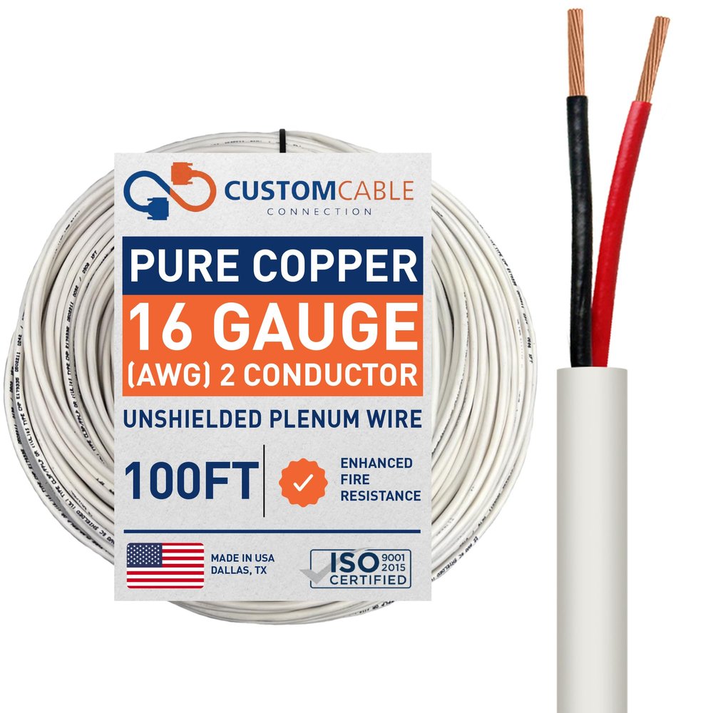 16 Gauge Wire (16 AWG) - 2 Conductor Stranded Copper Unshielded Cable - UL Listed 16/2 Home Electrical Wire - Low Voltage Up to 300V - CMP/CL3P Low Smoke Plenum Jacket - USA Made (100ft)