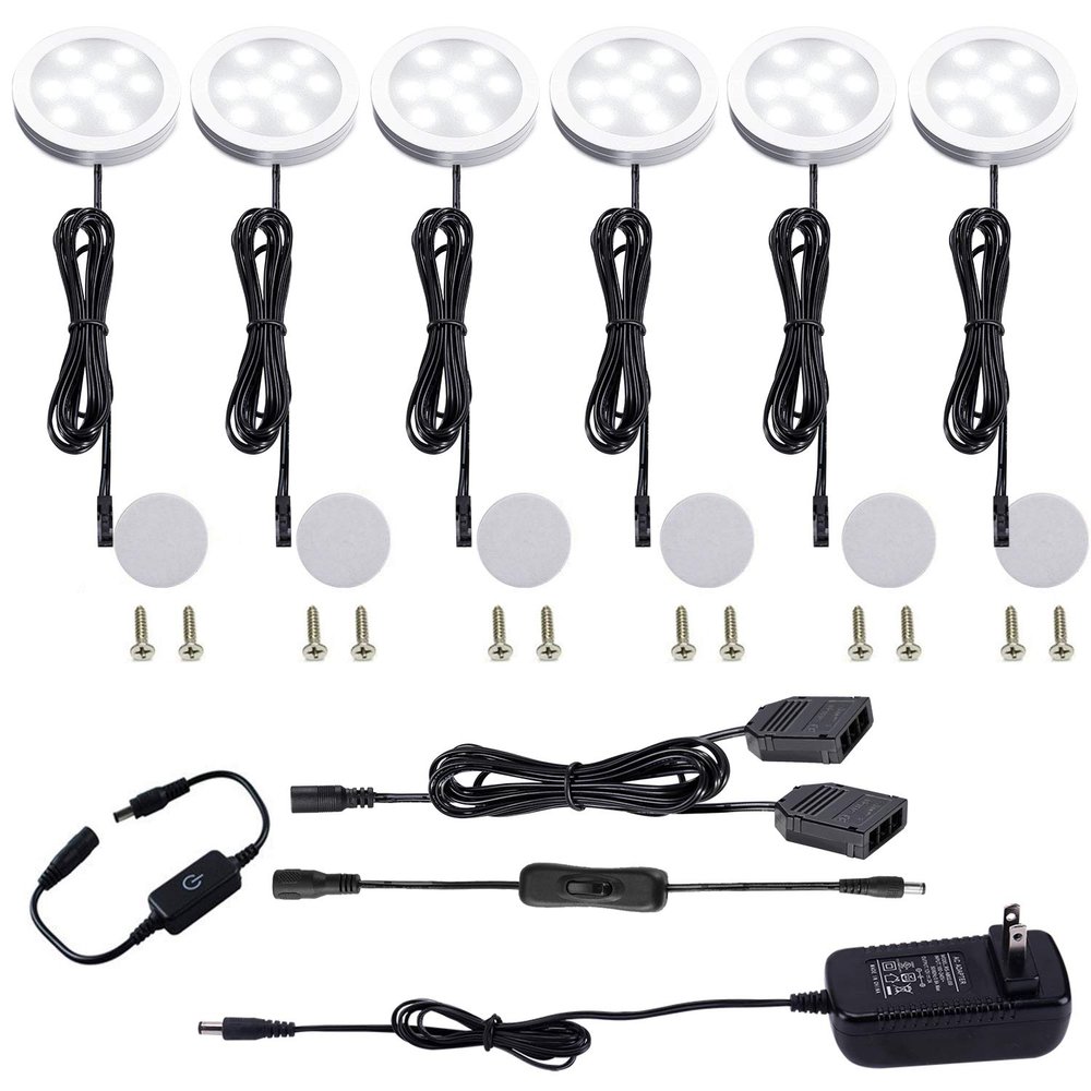 AIBOO Under Cabinet LED Puck Lights Kit with Touching Switch Dimmable for Kitchen Cupboard Closet Lighting (6 Lights,Daylight White)