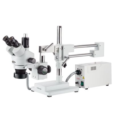 AmScope 7X-90X Simul-Focal Stereo Zoom Microscope on Boom Stand with Fiber Optic Ring Light