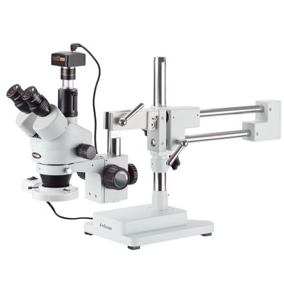 AmScope 3.5X-180X Simul-Focal Fluorescent Stereo Zoom Microscope on Dual Arm Boom Stand with 10MP Camera