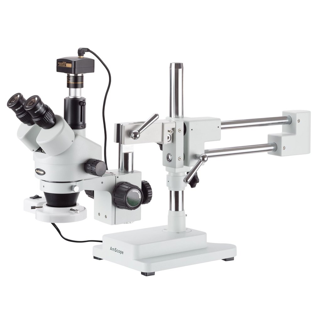 AmScope 3.5X-180X Simul-Focal Fluorescent Stereo Zoom Microscope on Dual Arm Boom Stand with 10MP Camera