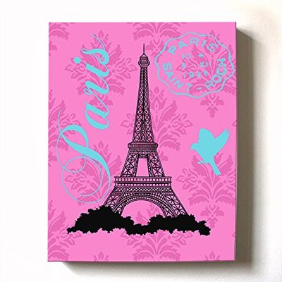 Modern Paris Eiffel Tower - Unique Paisley & Lovebirds Stretched Canvas Nursery Decor - Wall Art that Makes a Memorable Baby Gift - Wooden Frame Construction - Ready to Hang 16X20