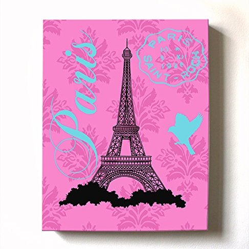 Modern Paris Eiffel Tower - Unique Paisley & Lovebirds Stretched Canvas Nursery Decor - Wall Art that Makes a Memorable Baby Gift - Wooden Frame Construction - Ready to Hang 16X20