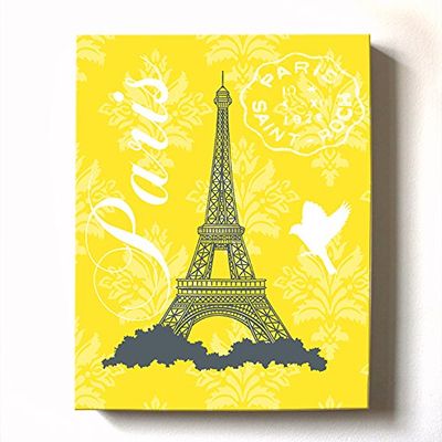 Modern Paris Eiffel Tower - Unique Paisley & Lovebirds Stretched Canvas Nursery Decor - Wall Art that Makes a Memorable Baby Gift - Wooden Frame Construction - Ready to Hang 8X10