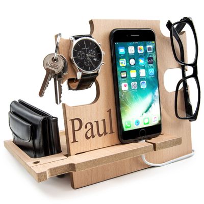 Personalized Docking Station Nightstand Organizer Accessories Essentials Holder Smartphone Support Phone Stand, 5th Traditional for Husband for Men (Natural)