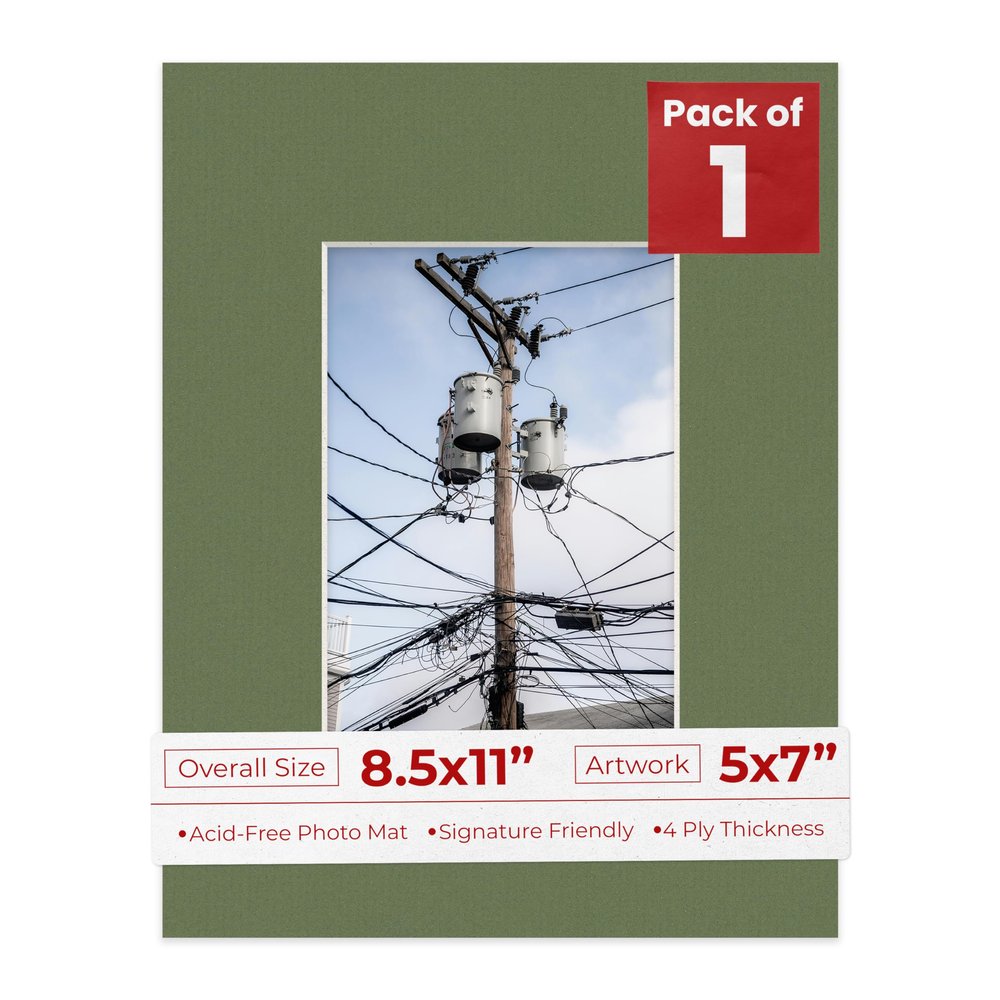 5x7 Mat for 8.5x11 Frame - Precut Mat Board Acid-Free Show Kit with Backing Board, and Clear Bags Dill Green 5x7 Photo Matte Made to Fit a 8.5x11 Picture Frame Matboard for Framing, Pack of 1 Mat
