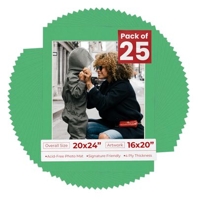 16x20 Mat for 20x24 Frame - Precut Mat Board Acid-Free Show Kit with Backing Board, and Clear Bags Bright Green 16x20 Photo Matte For a 20x24 Picture Frame Matboard for Framing, Pack of 25 Mats