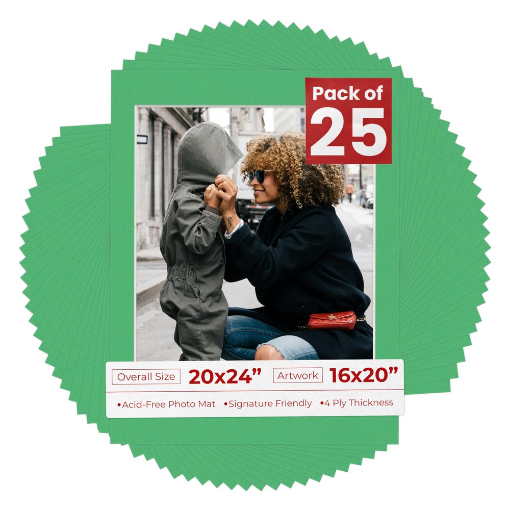 16x20 Mat for 20x24 Frame - Precut Mat Board Acid-Free Show Kit with Backing Board, and Clear Bags Bright Green 16x20 Photo Matte For a 20x24 Picture Frame Matboard for Framing, Pack of 25 Mats