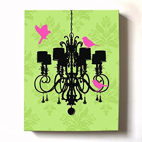 Modern Paris Shabby Chic Chandelier - Paisley & Lovebirds Stretched Canvas Nursery Decor - Wall Art that Makes a Memorable Baby Gift - Wooden Frame Construction - Ready to Hang 16X20
